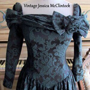 JESSICA McCLINTOCK BROCADE DRESS, 6, DARK GREEN OFF-SHOULDER ROMANTIC VINTAGE